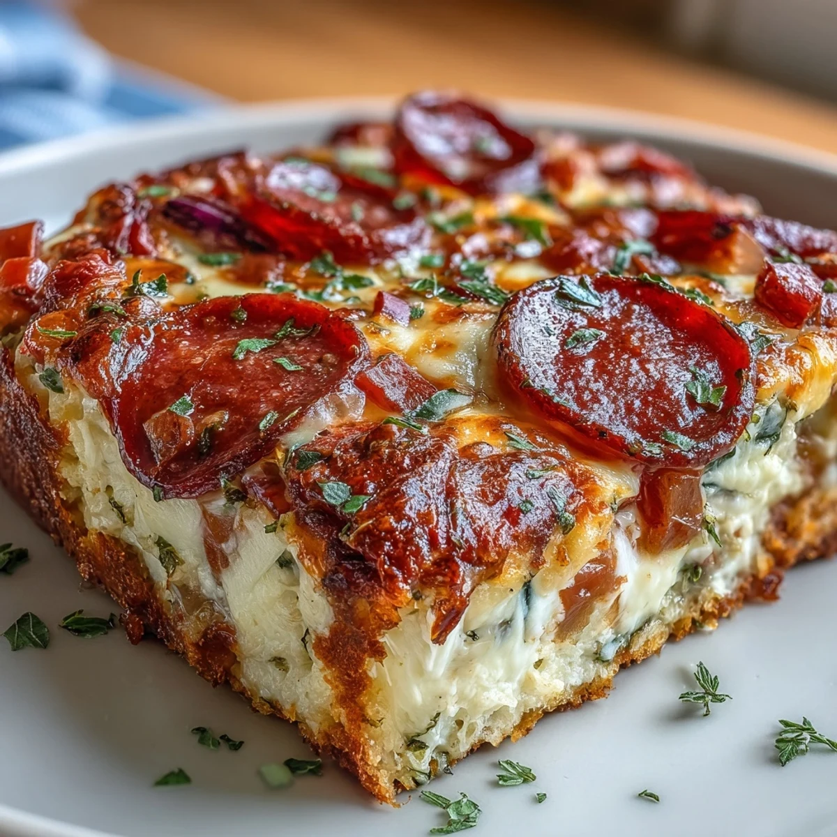 Ten sycący placek śniadaniowy z serem i pepperoni smakuje wyśmienicie podany z sosem pomidorowym i kawą.