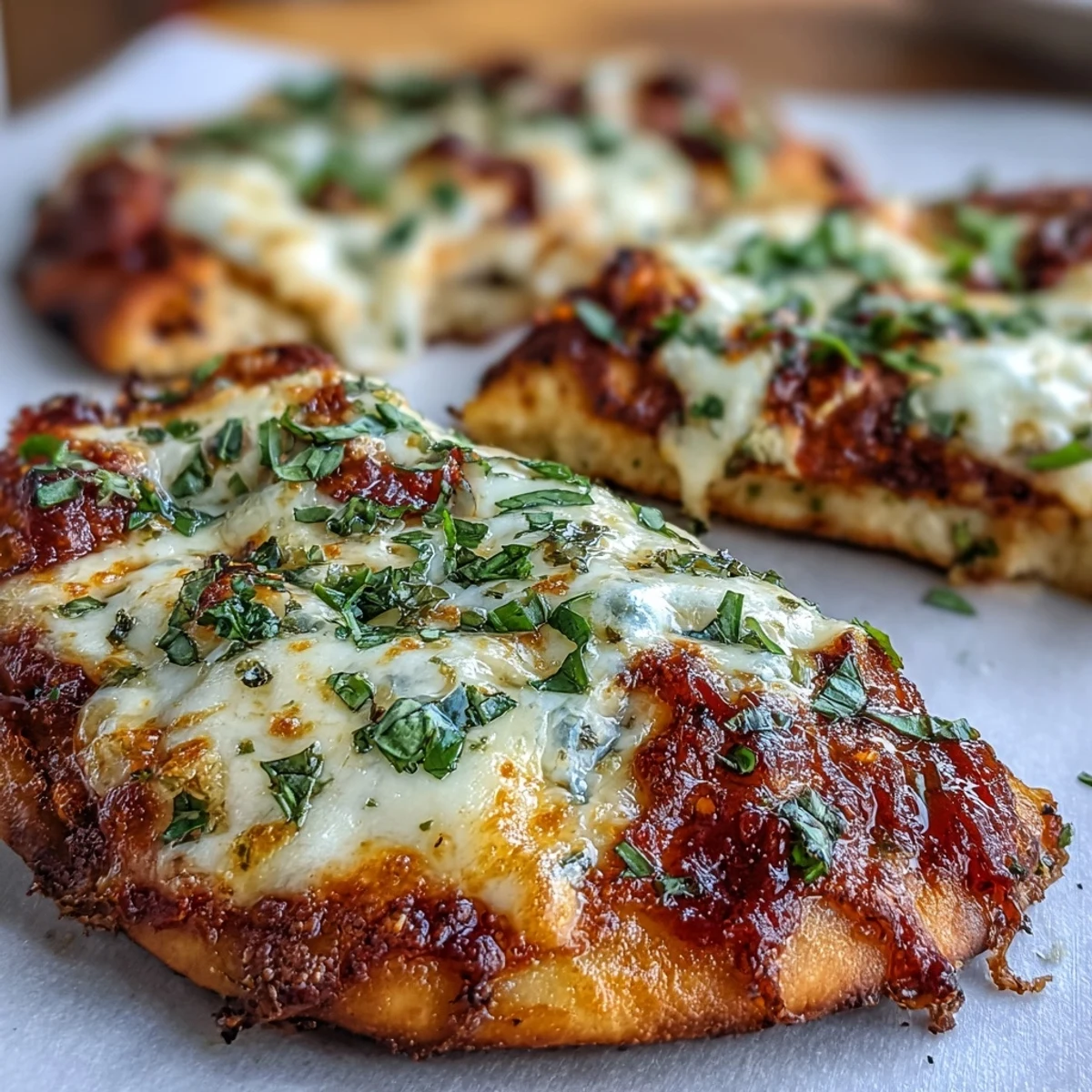 Garlic Naan Margherita Pizzas fresh from the oven with melted mozzarella and bright basil leaves.