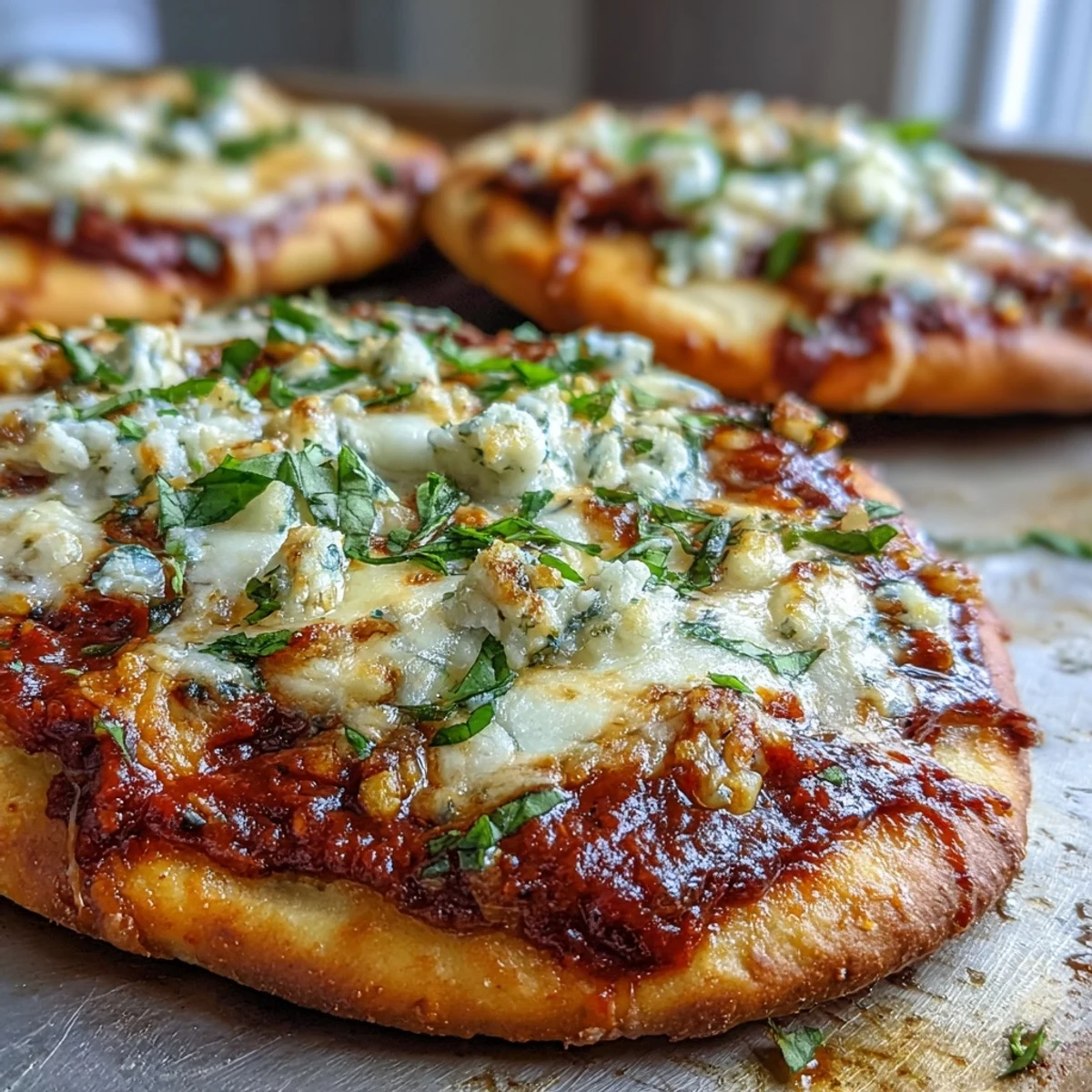 Individual Garlic Naan Margherita Pizzas sliced and ready to serve with olive oil drizzle.