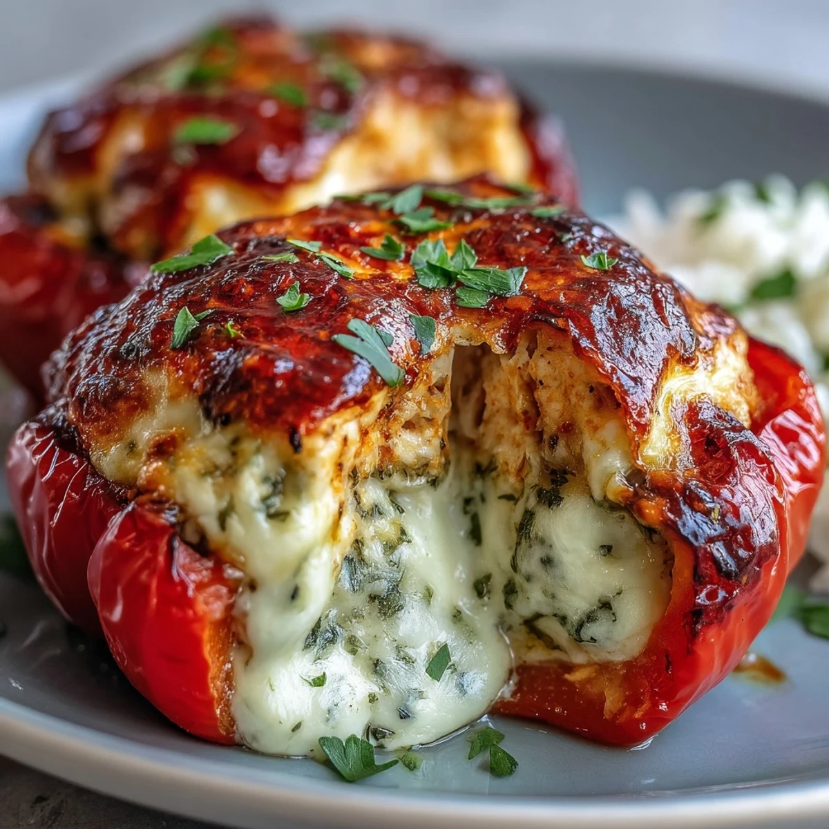 Golden stuffed peppers sit on a rustic plate next to fresh salad and crusty bread.