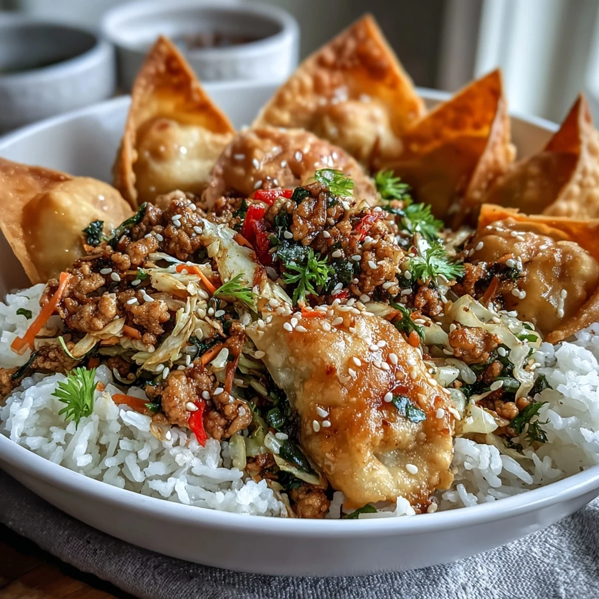 Crispy Baked Egg Roll Chicken Bowls served over fluffy jasmine rice, topped with crunchy wonton strips and fresh green onions.