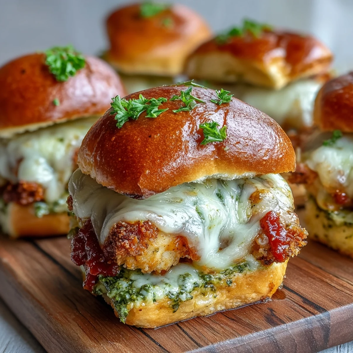 Freshly baked Pesto Chicken Parmesan Sliders on a tray, featuring toasted brioche buns, melted cheese, and juicy chicken.
