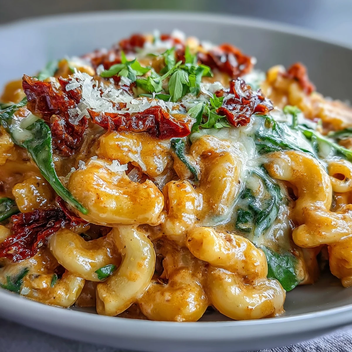 Creamy Tuscan Chili Mac served in a skillet topped with melted mozzarella, spinach, and sun-dried tomatoes, steaming hot and ready to serve.