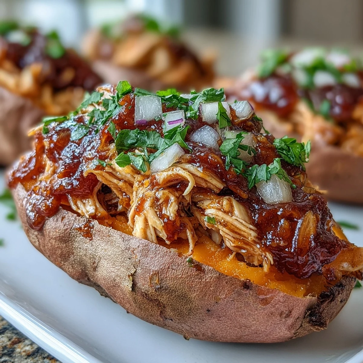 Freshly baked Honey BBQ Chicken Stuffed Sweet Potatoes with red onion and cilantro, ideal for a family dinner.