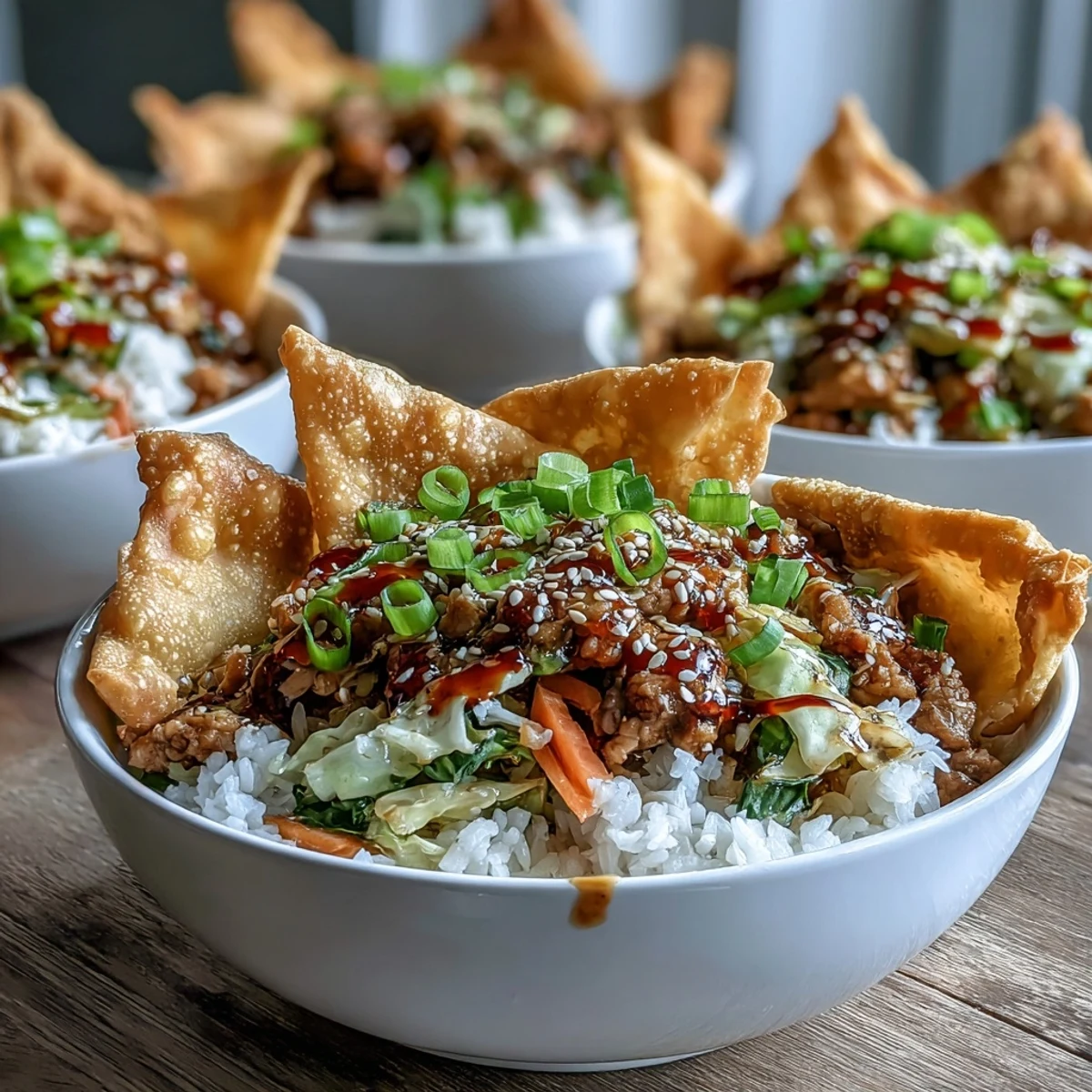 Crispy Baked Egg Roll Chicken Bowls served over fluffy jasmine rice, topped with crunchy wonton strips and fresh green onions