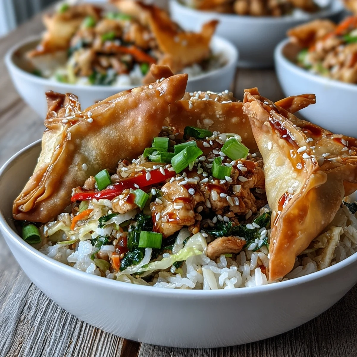 Golden baked wonton strips garnish these Crispy Baked Egg Roll Chicken Bowls, ready to be drizzled with spicy chili sauce