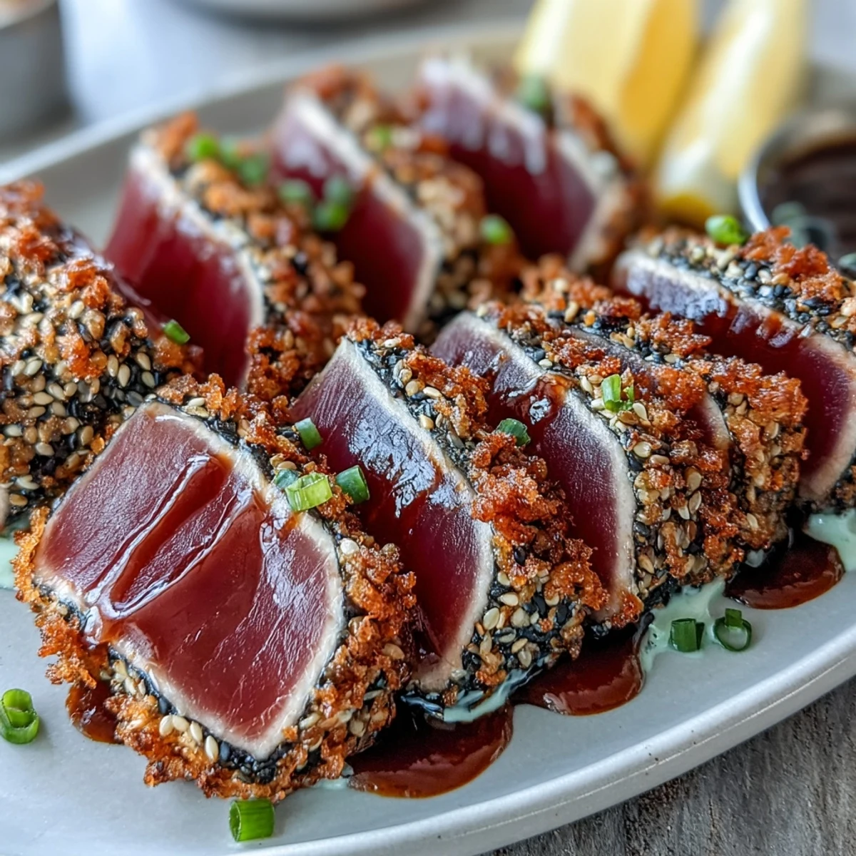 Perfectly seared Black Sesame Seed Crusted Tuna with Wasabi Mayo, showcasing a crunchy sesame coating and rare, pink center ideal for a pescatarian dinner.