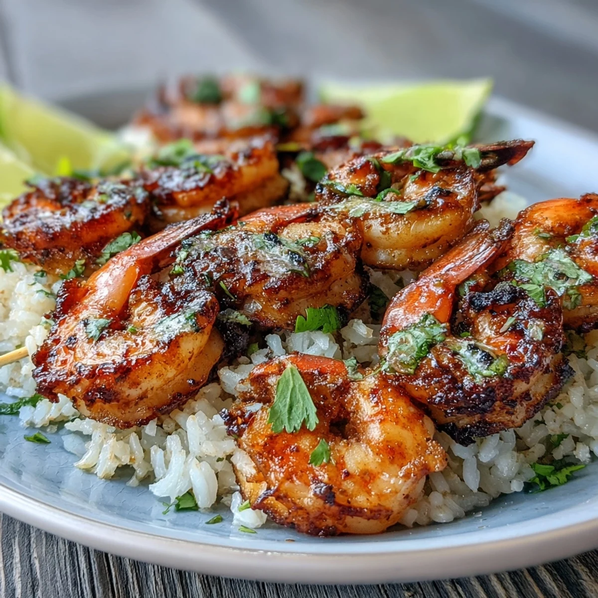 Thick shrimp skewers glazed with jerk spices, lightly charred from the grill beside a bed of coconut rice.