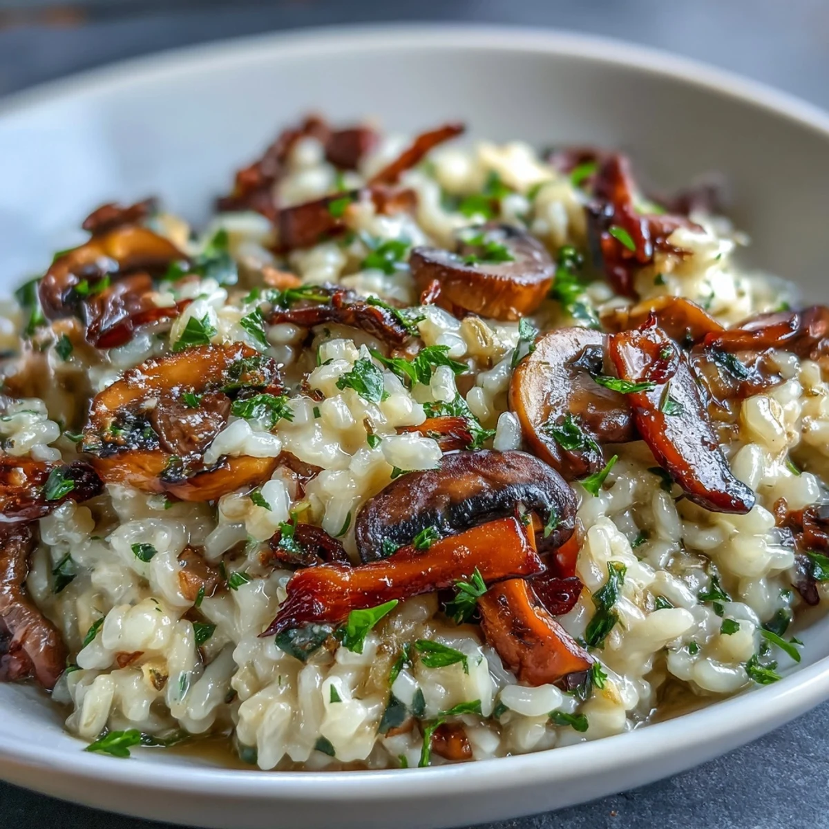 Creamy Wild Mushroom Risotto with Truffle Oil served on a plate, garnished with fresh parsley.