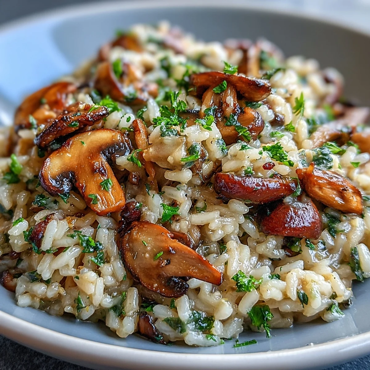 Bowl of steaming Wild Mushroom Risotto with Truffle Oil and golden sautéed mushrooms.