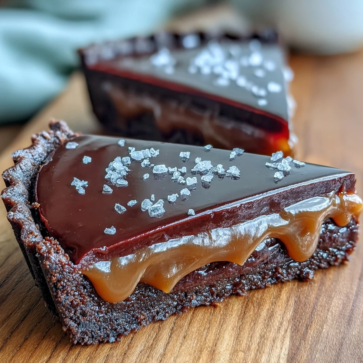 Thick, glossy ganache tops a slice of the decadent Salted Caramel Chocolate Tart.