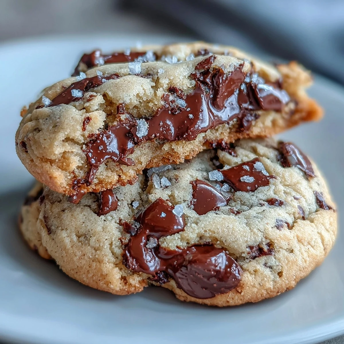 Pyszne ciasteczka Tahini-Chocolate Chip Cookies z kawałkami gorzkiej czekolady na blaszce tuż po upieczeniu.