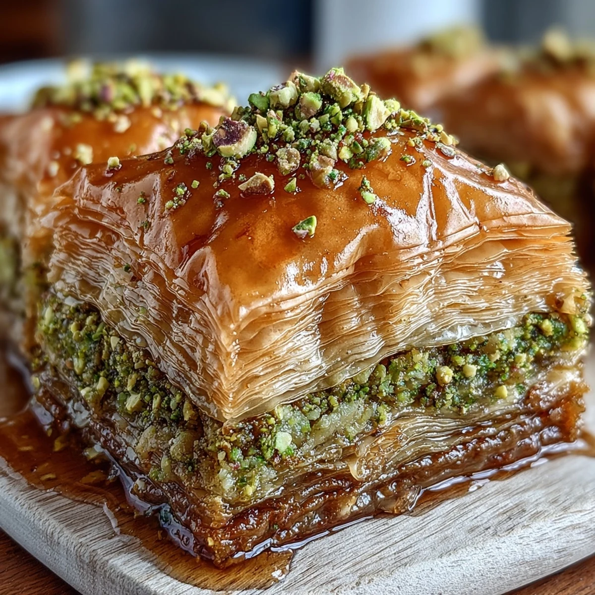 A serving of pistachio and honey baklava with a drizzle of honey, ready to eat.