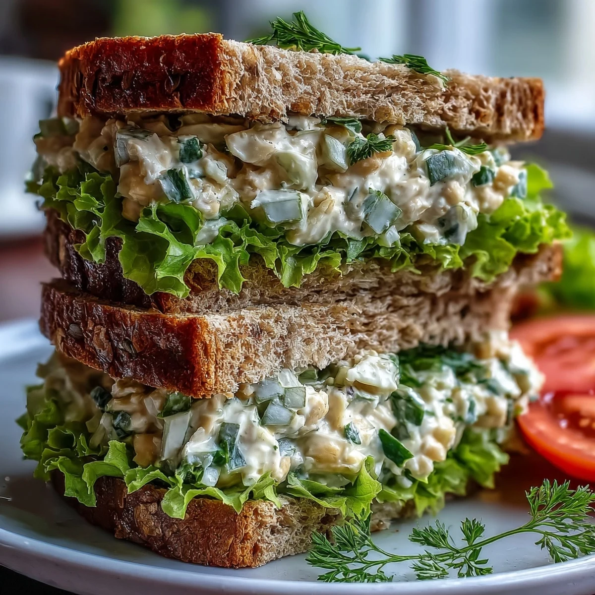Obrany Chickpea Salad Sandwich na chrupiącym chlebie z plasterkami awokado.