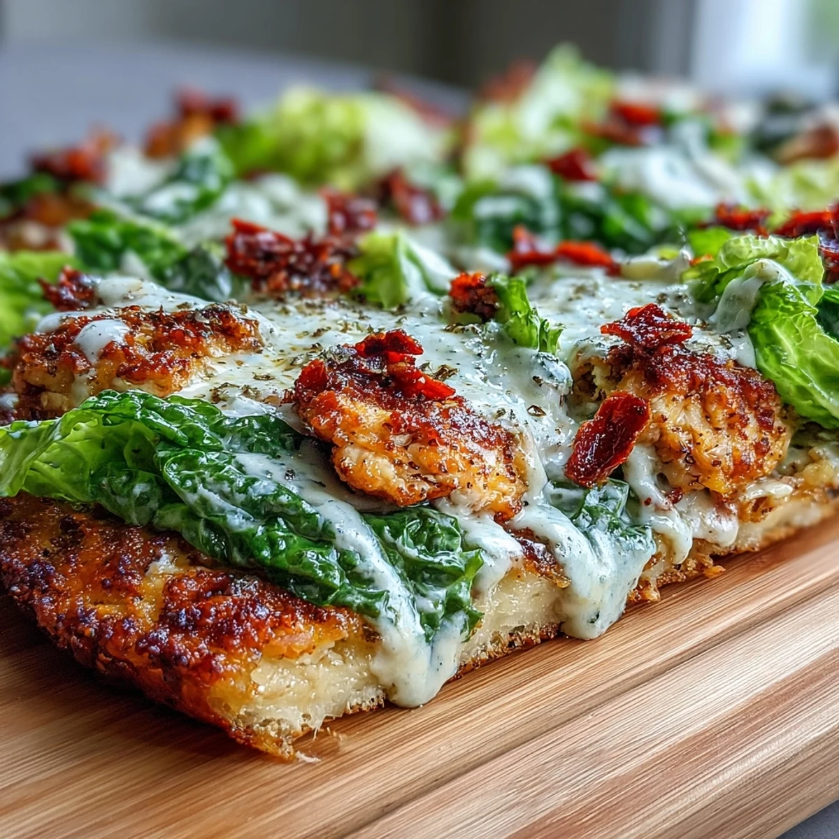 Zdrowa Pizza Crust Caesar Salad z rukolą, serem Parmezan i skórką z cytryny dla smaku.
