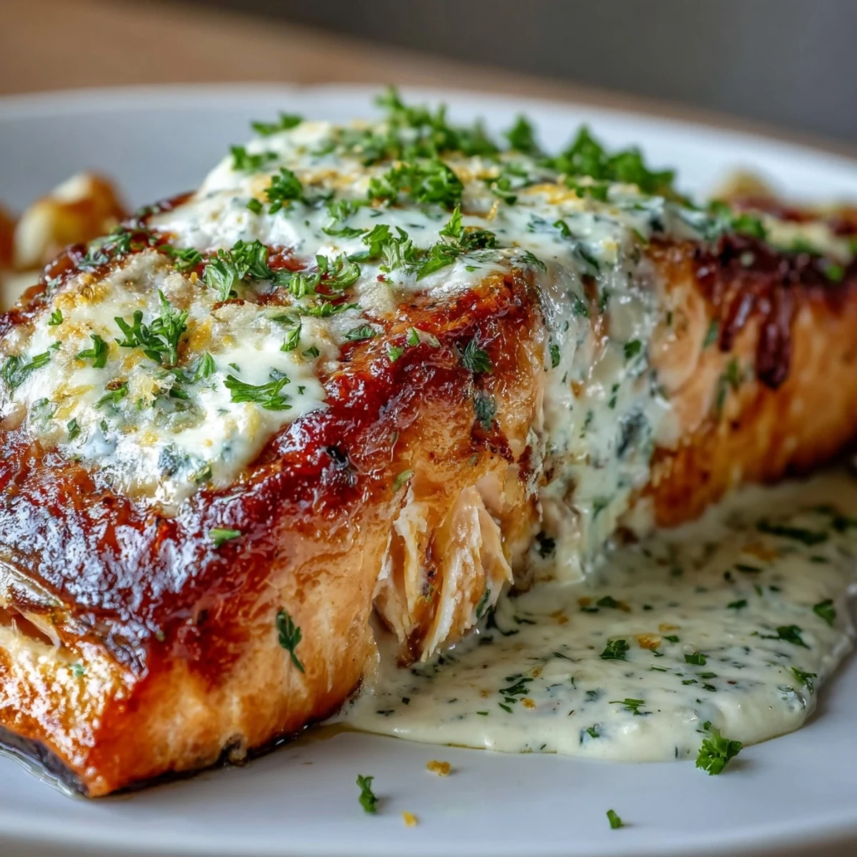 Golden baked salmon fillets covered in creamy lemon butter sauce, served with steamed vegetables and fluffy rice