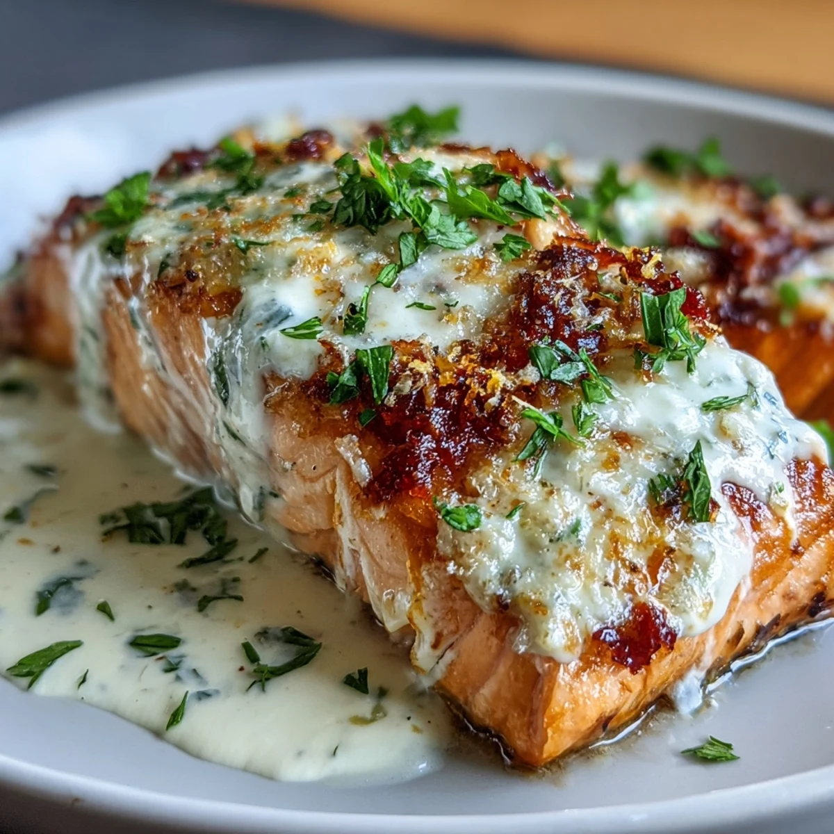 Easy Creamy Baked Salmon with Lemon Butter Sauce for a weeknight dinner on a rustic wooden table