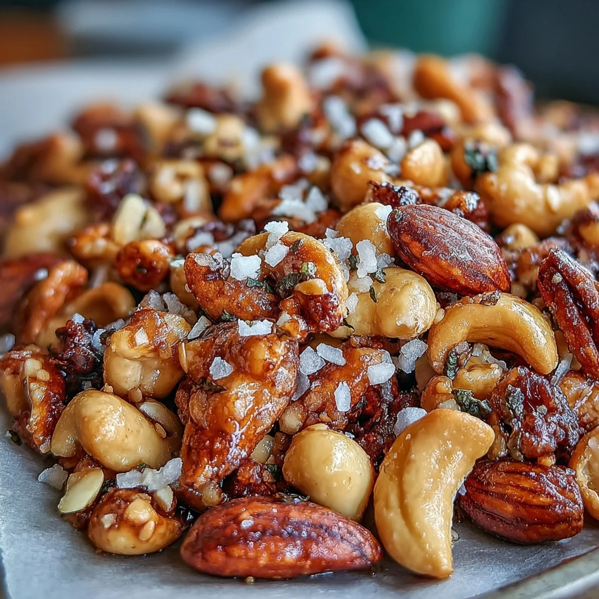 Golden clusters of Salted Honey & Peanut Snack Mix spill from a glass jar, showcasing roasted peanuts and almonds glistening with warm spice.