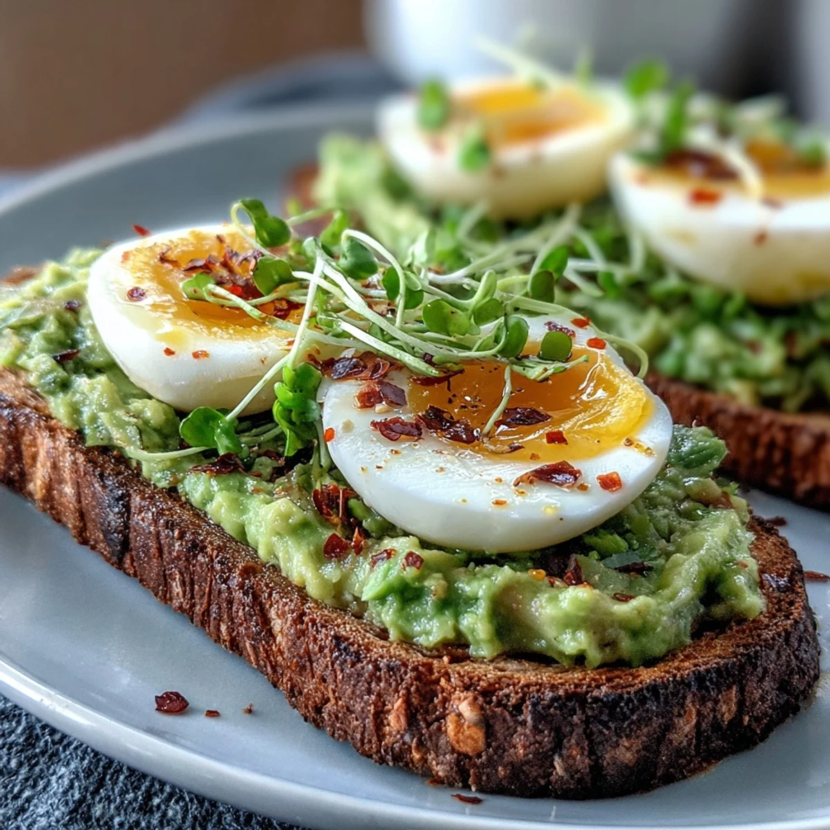 Świeże avocado egg toast z chrupiącym pieczywem, posypane microgreens i ostrą posypką z chili.