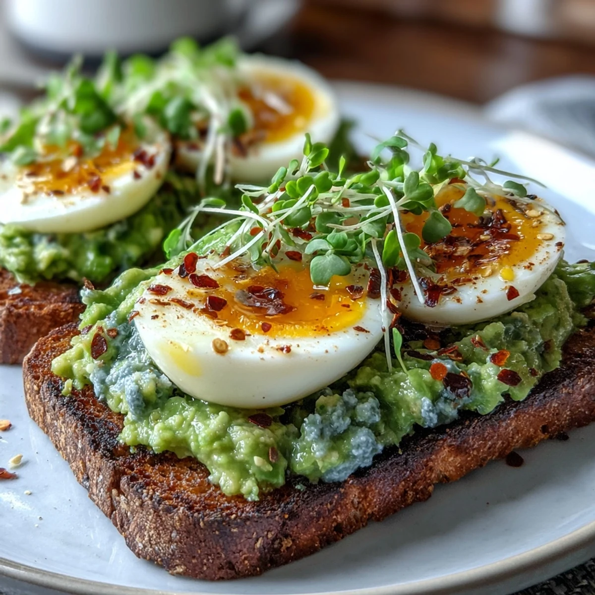 Miękko ugotowane jajko na grzance z awokado i mikroliśćmi, skropione oliwą i szczyptą chili.