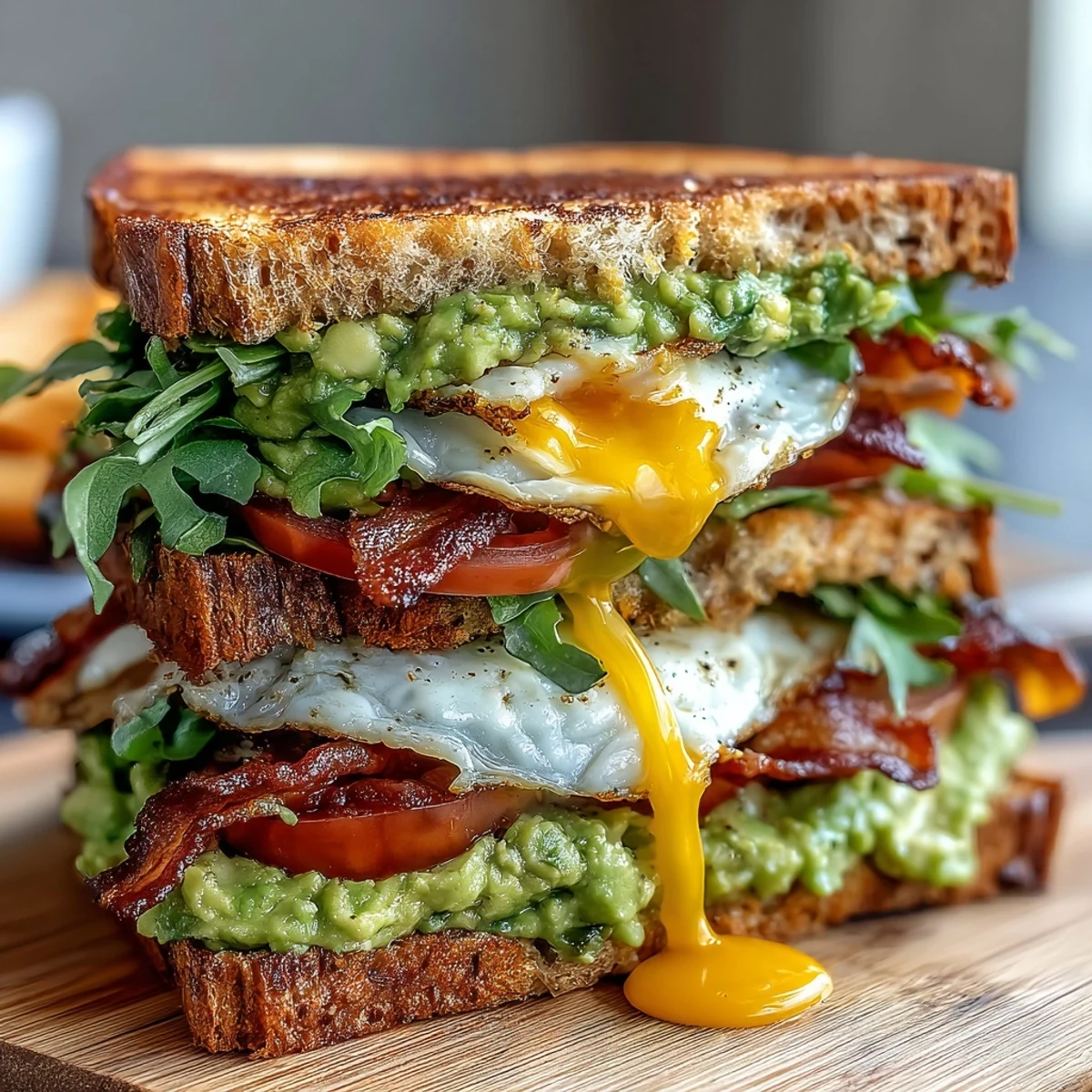 A beautiful breakfast stack with golden sourdough, creamy avocado, juicy tomato, crispy bacon, and a perfectly sunny-side-up egg.