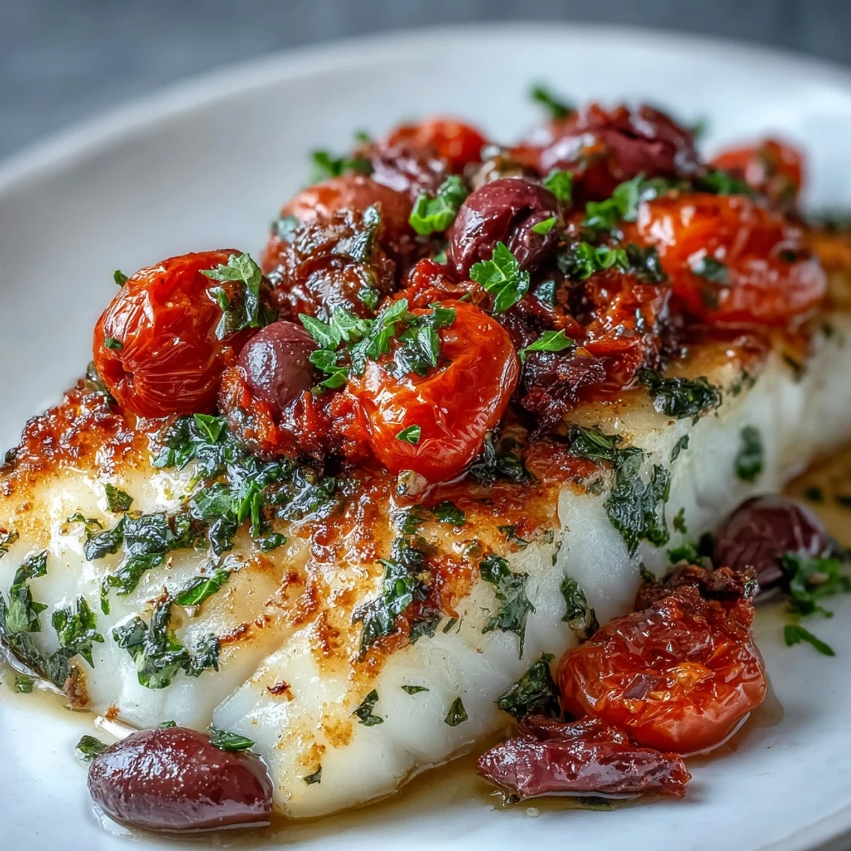 Pieczony dorsz z pomidorami i oliwkami