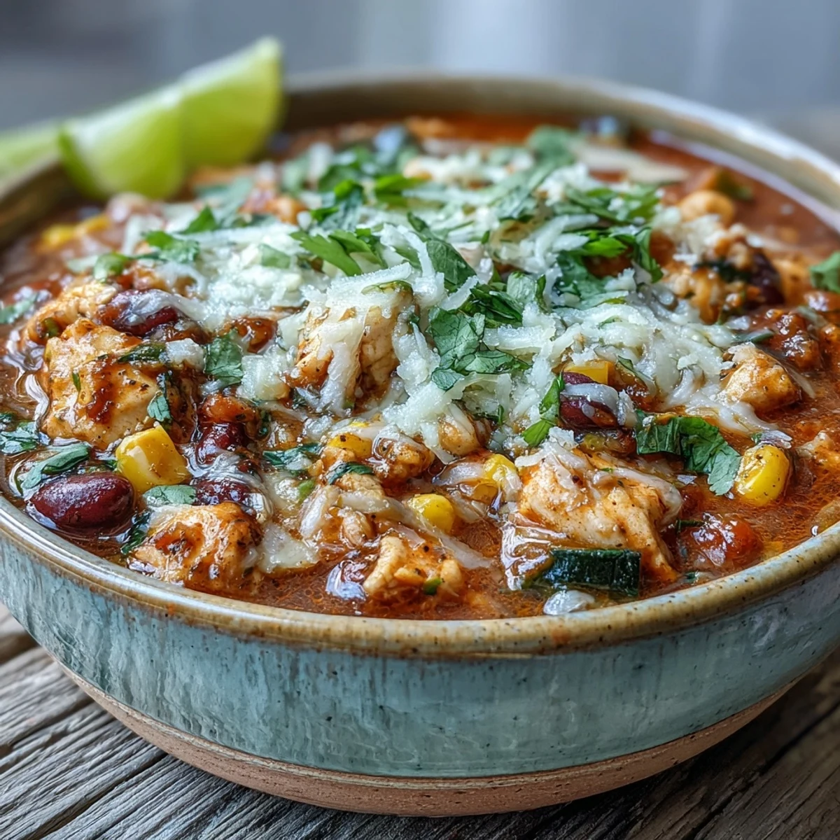 Bowl of High-Protein Chicken Taco Soup with Veggie Confetti topped with avocado and cilantro