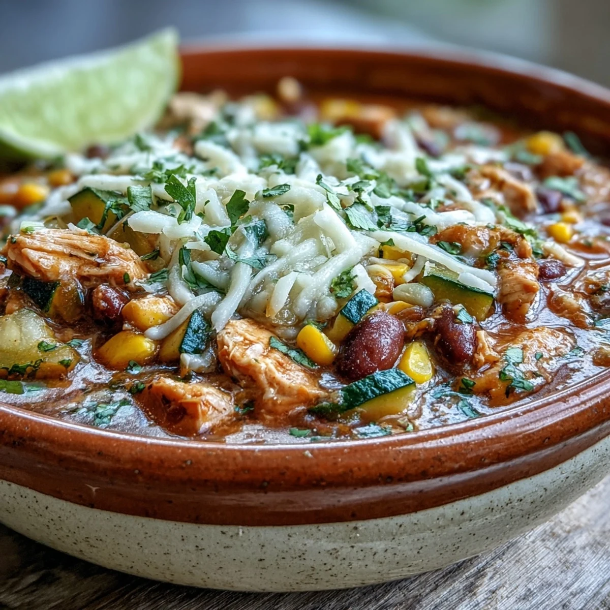 Close-up of High-Protein Chicken Taco Soup with Veggie Confetti featuring corn and kidney beans