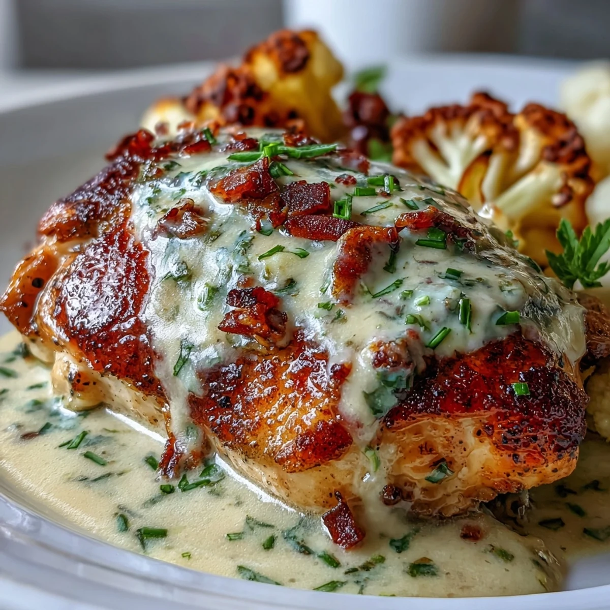 Keto Creamy Poblano Chicken with Roasted Cauliflower served on a plate with a spoonful of rich green sauce and golden veggie florets