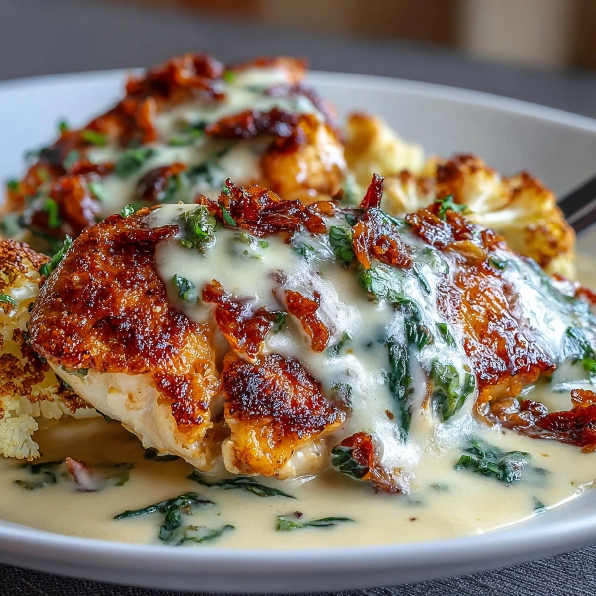 Keto kremowy kurczak z pieczonym kalafiorem