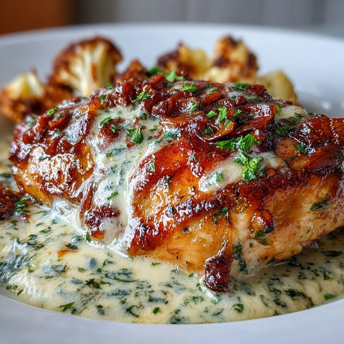 Tender chicken breasts smothered in Keto Creamy Poblano Chicken with Roasted Cauliflower sauce, garnished with fresh cilantro for a low-carb dinner