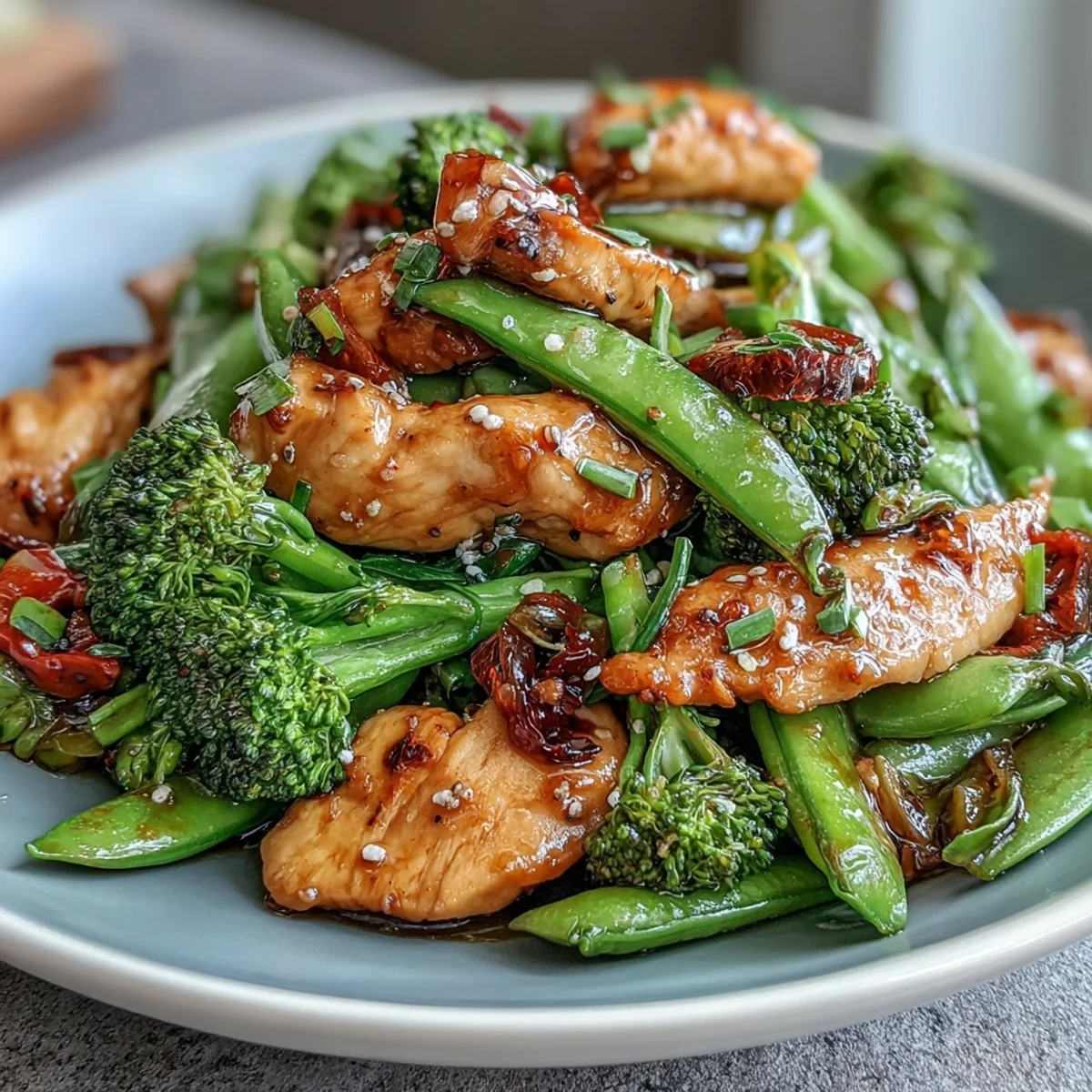 Sliced lean chicken breast and bright snap peas in 30-Minute Skinny Chicken Stir-Fry with Broccoli and Snap Peas.