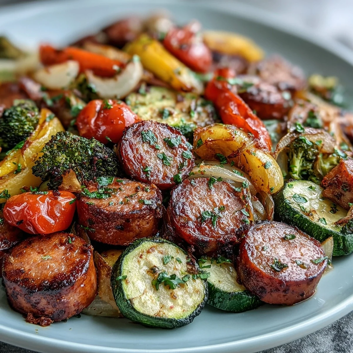 Colorful Sheet Pan Rainbow Veggie and Sausage Bake for an easy weeknight dinner, ready to serve family-style.