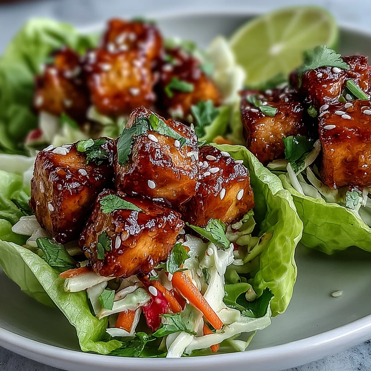 Crispy Vegan Sweet Chili Tofu Lettuce Cups topped with crunchy veggie slaw and sesame seeds