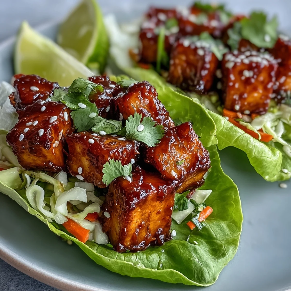 Fresh, light Vegan Sweet Chili Tofu Lettuce Cups with lime wedges, vibrant slaw, and sesame seeds for easy appetizer