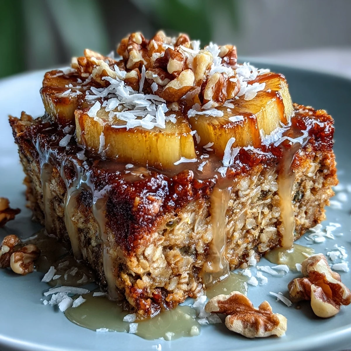 Vegan Tropical Oatmeal Bake with Pineapple and Coconut emerges from a golden baking dish, crowned with toasted coconut flakes and fresh banana slices for a cozy, sun-kissed breakfast.