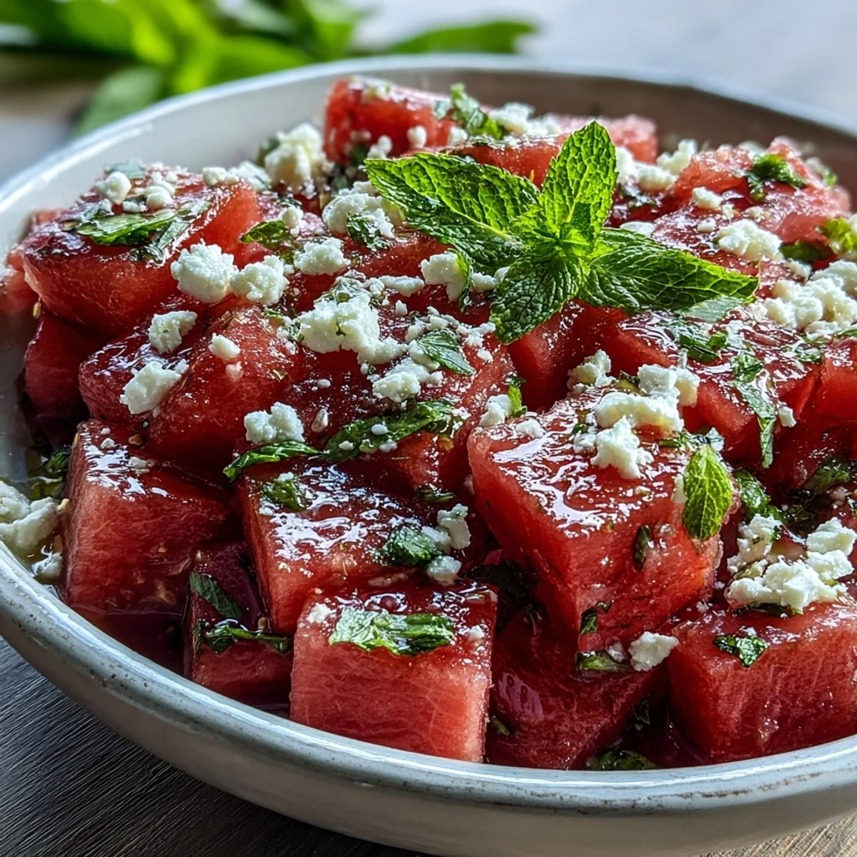 Freshly cubed 5-Ingredient Watermelon Feta Mint Salad with olive oil and lime, perfect for a BBQ.