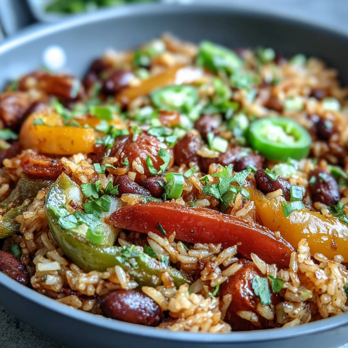 Hearty One-Pan Vegan Fajita Rice Skillet with Peppers and Black Beans in a skillet, topped with lime wedges and avocado for a zesty weeknight dinner.