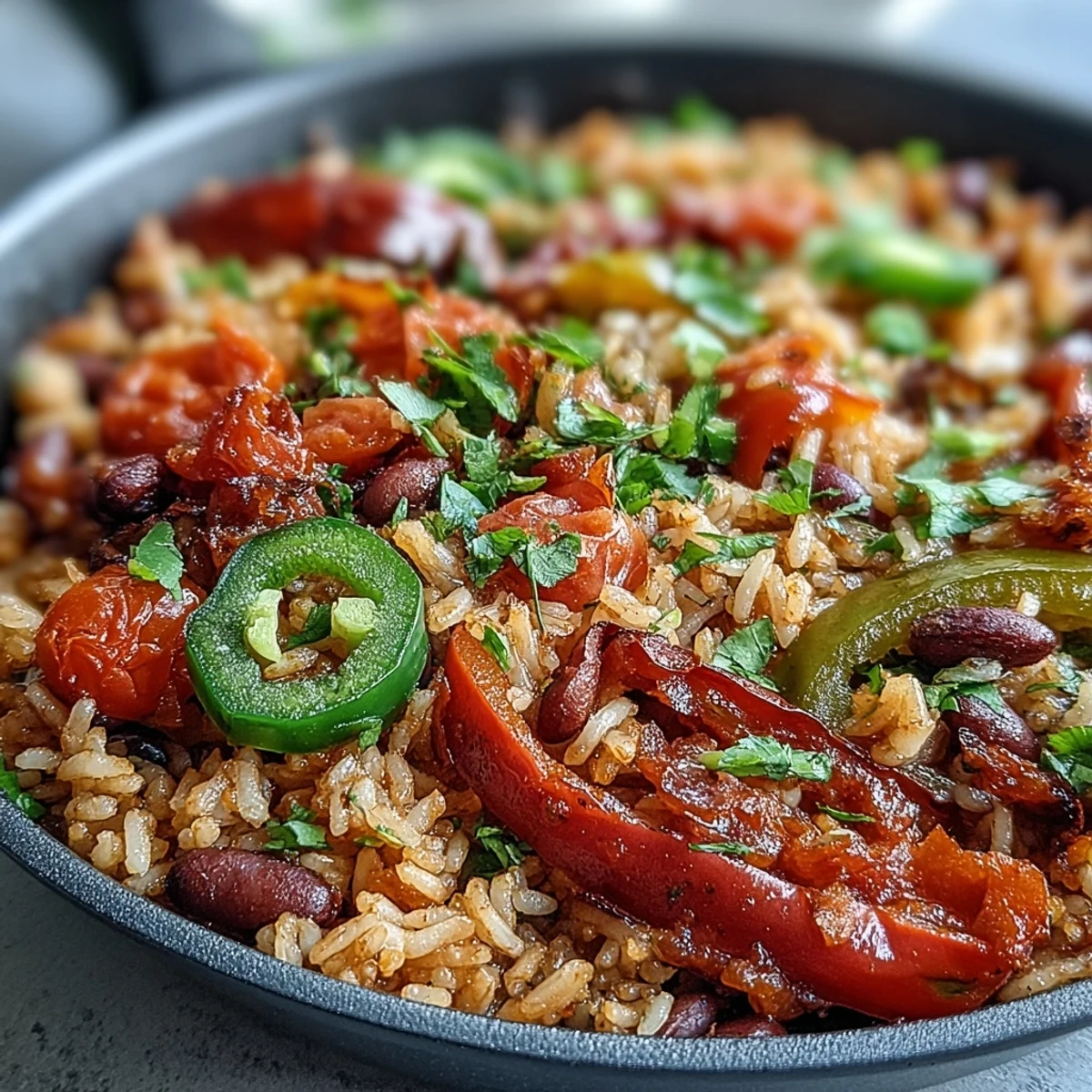 Sizzling One-Pan Vegan Fajita Rice Skillet with Peppers and Black Beans beside fresh cilantro, bright bell peppers and onions mingling with tender rice.