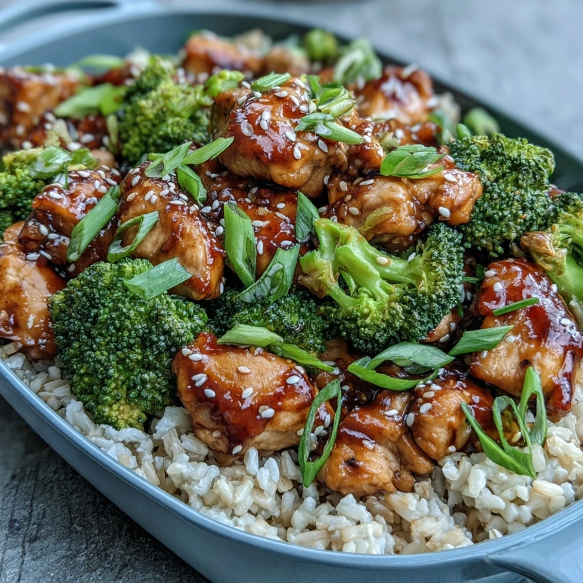 Pieczone kurczak i brokuły w sosie teriyaki na patelni, podane z brązowym ryżem, lśniące sosem i posypane sezamem