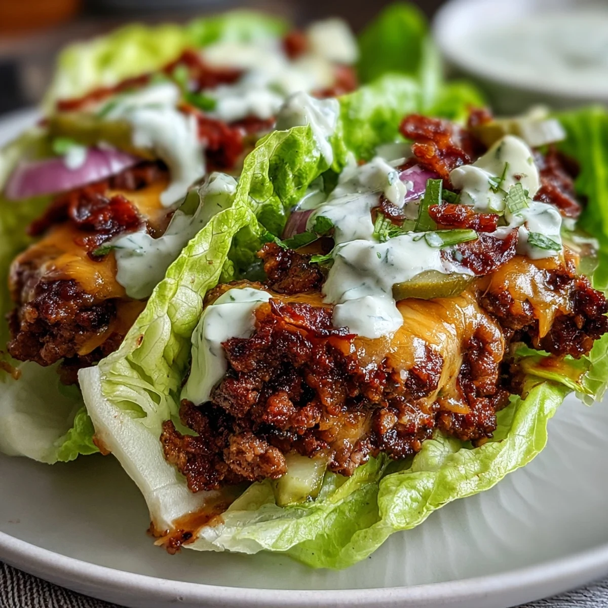 Keto Cheeseburger Lettuce Wraps with Pickles and Secret Sauce sit on a wooden board, crisp lettuce cradling juicy beef, melted cheddar, and tangy pickles ready to serve.