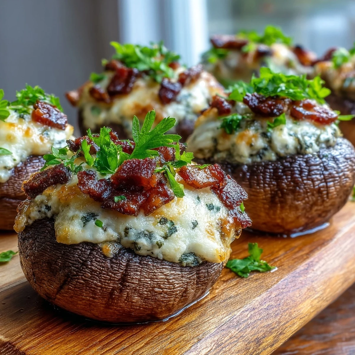Złociste Keto Bacon and Cheese Stuffed Mushrooms z chrupiącym bekonem i serem na gorąco.