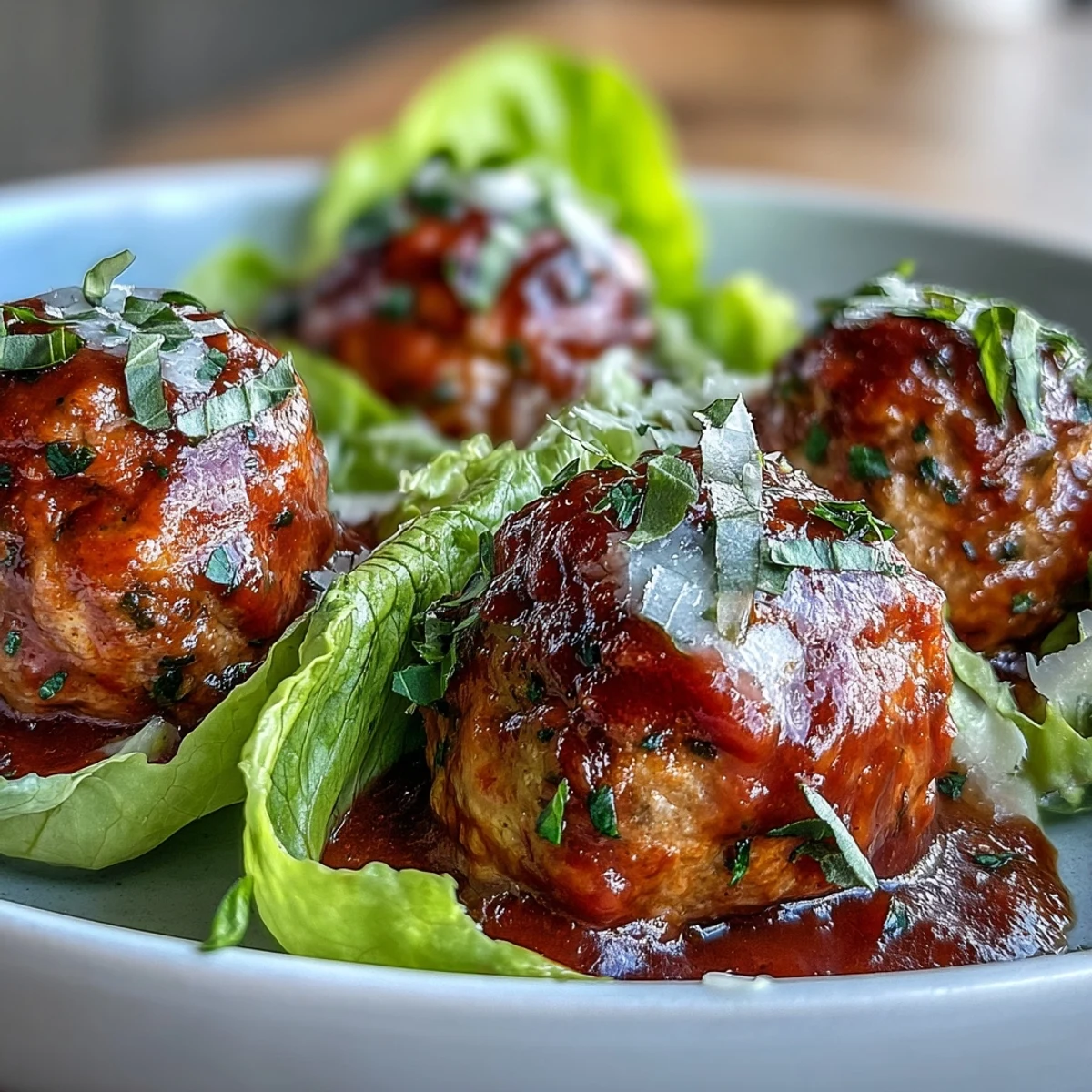 Świeże zioła i ser parmezan na pulpety z indyka w sałacie.