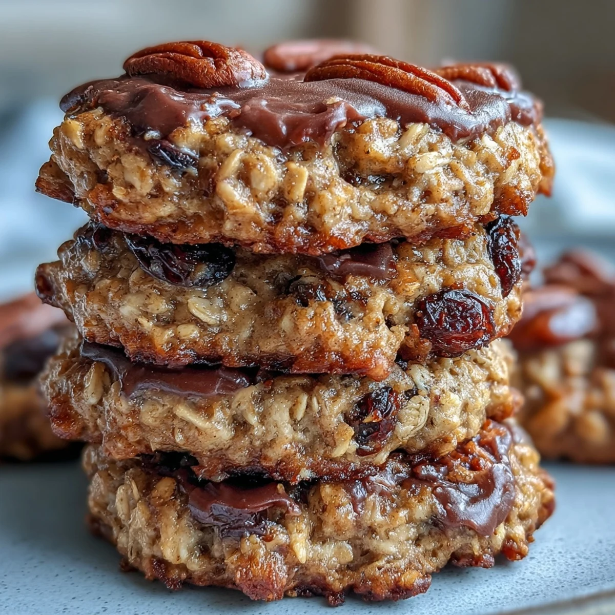 Stack of chewy Vegan Banana Oat Breakfast Cookies, perfect with coffee for breakfast.