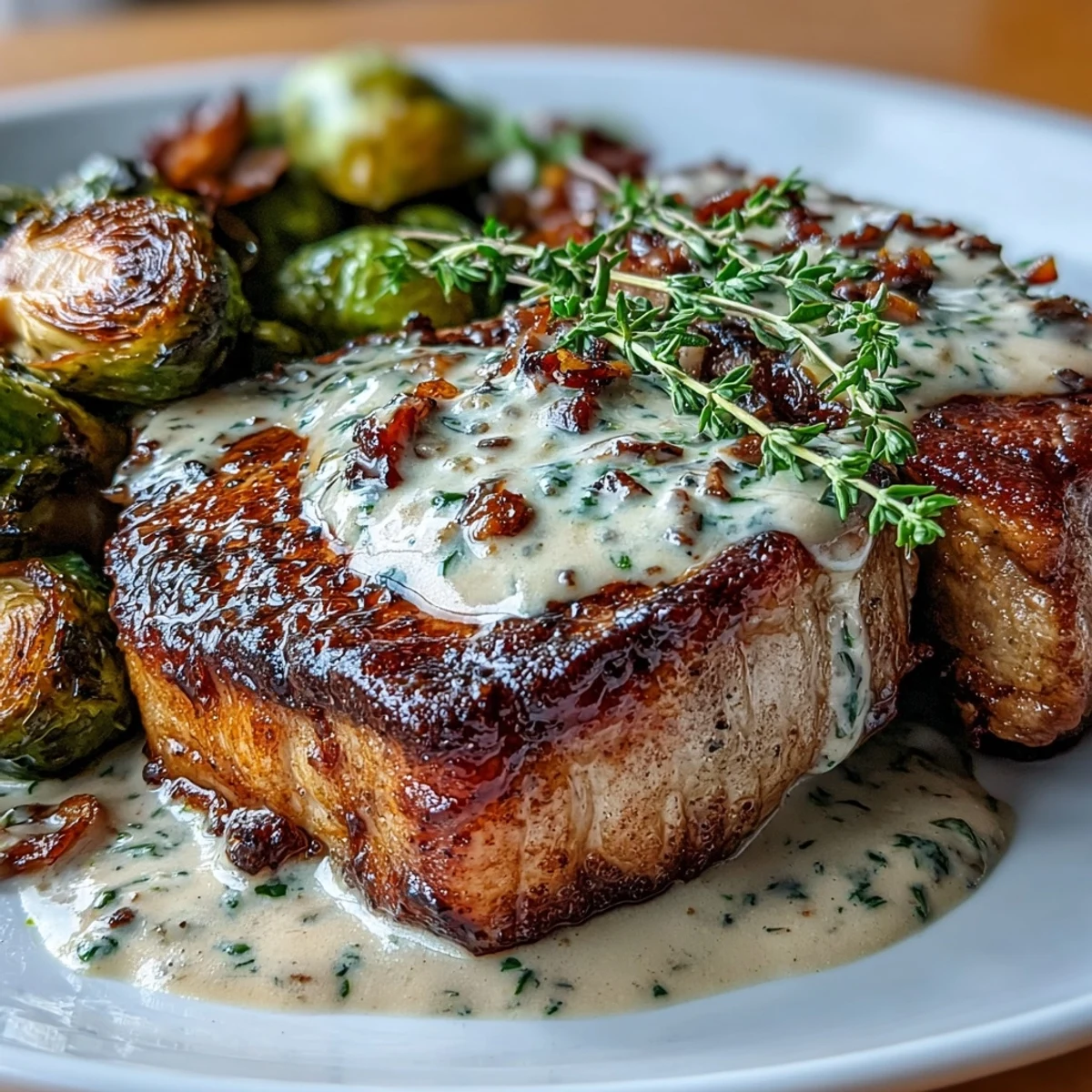 Golden-brown Keto Creamy Dijon Pork Chops, coated in velvety mustard sauce, paired with crispy Brussels sprouts for a low-carb dinner.
