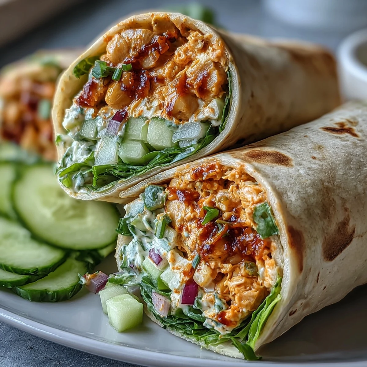 Vibrant, colorful wraps packed with spicy chickpea mash and sliced avocado, served on a rustic wooden board.