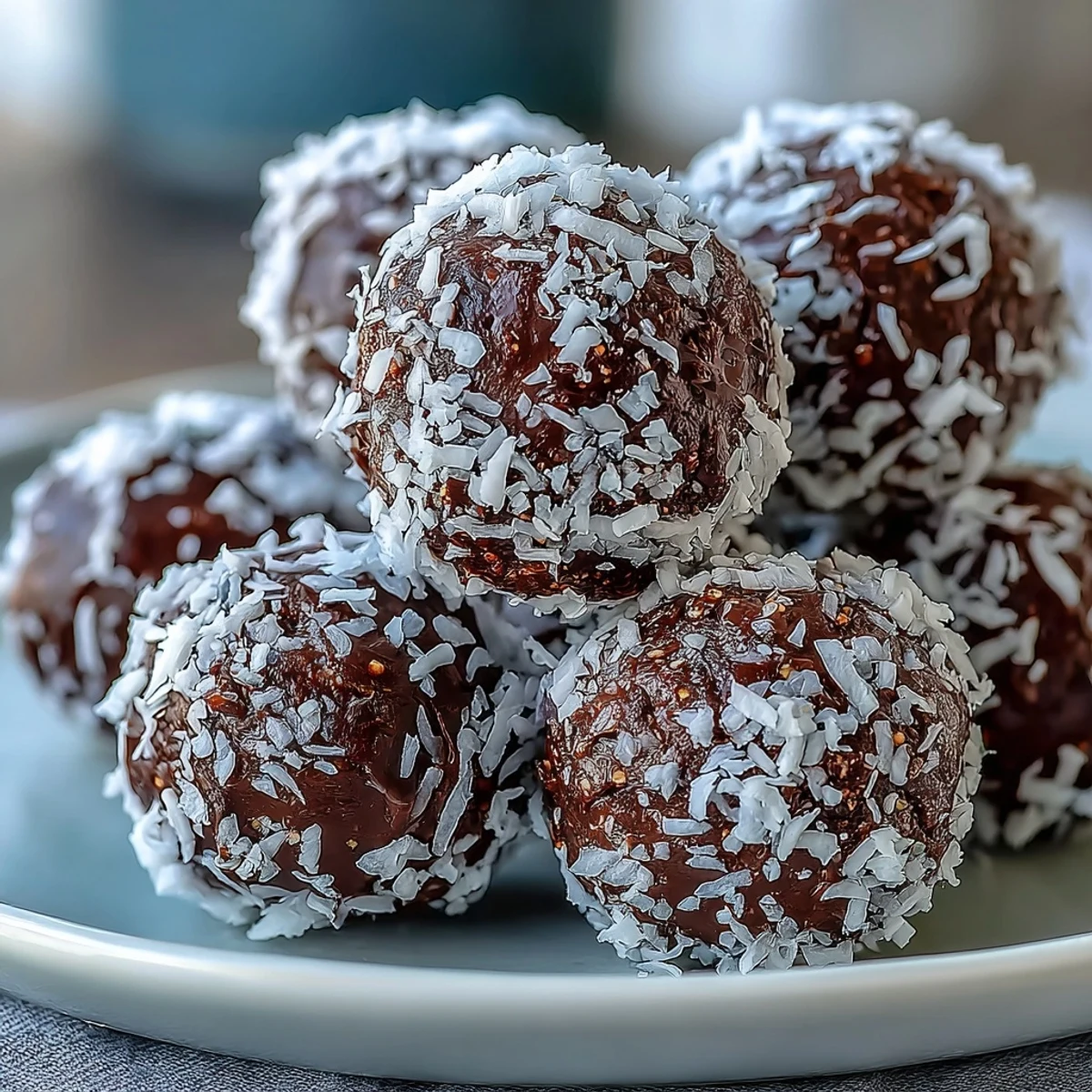 Vegan Chocolate Avocado Truffles coated in shredded coconut on a white plate.