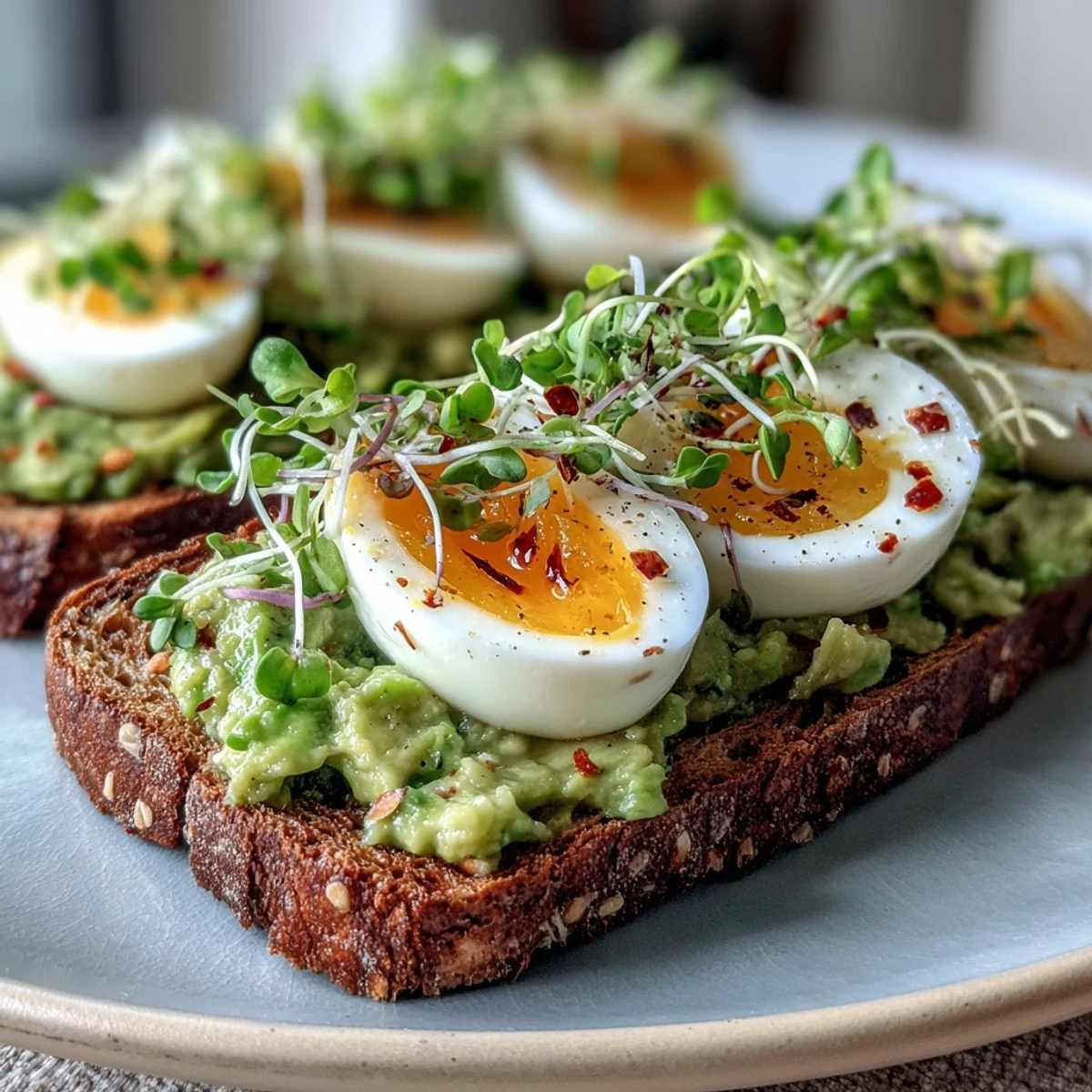 Clean Eating Avocado Toast with Soft-Boiled Egg and Microgreens on rustic whole grain bread, topped with creamy avocado mash and bright greens.