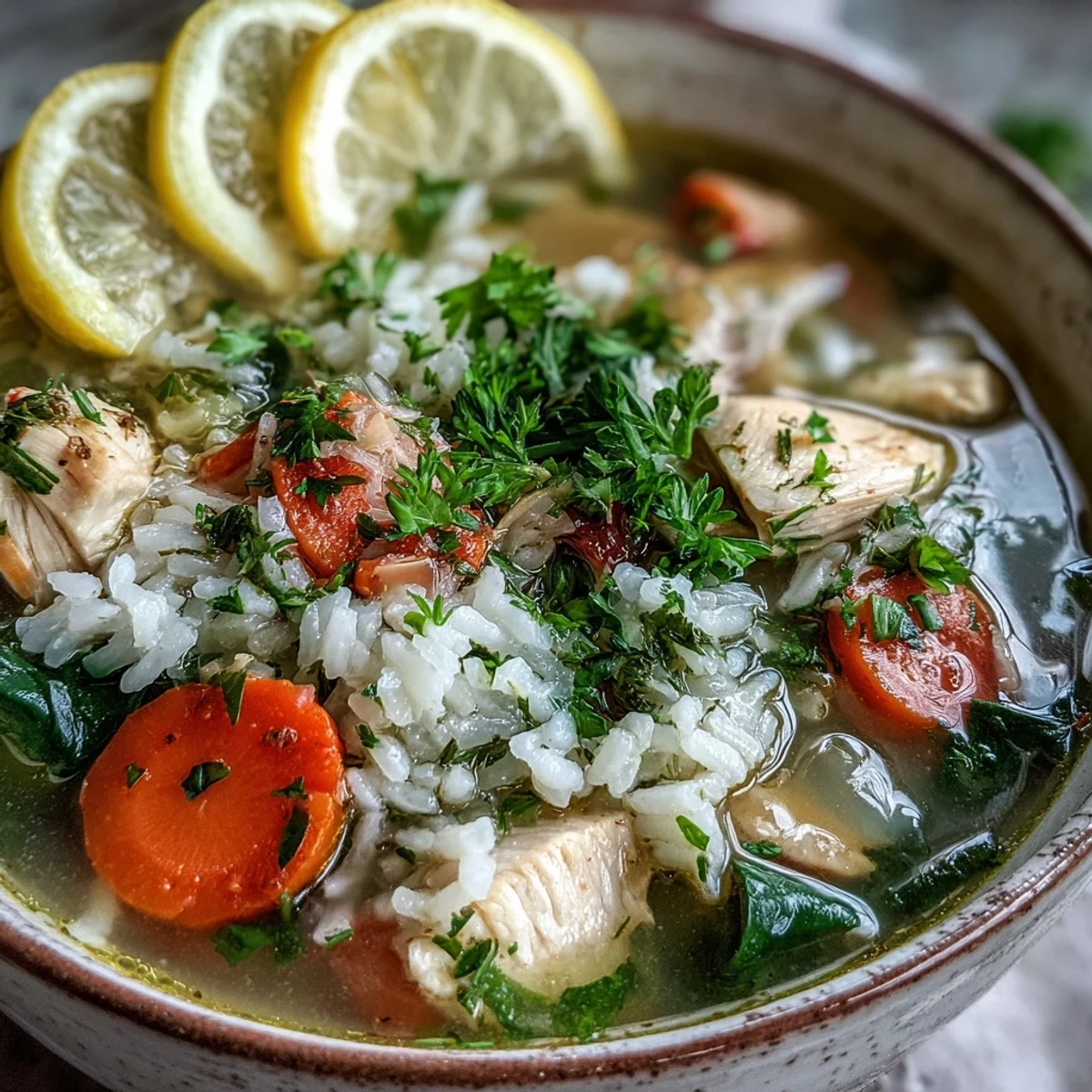 Rozgrzewająca zupa One-Pot Lemon Chicken Rice Soup z kurczakiem i marchewką, serwowana z natką pietruszki. 