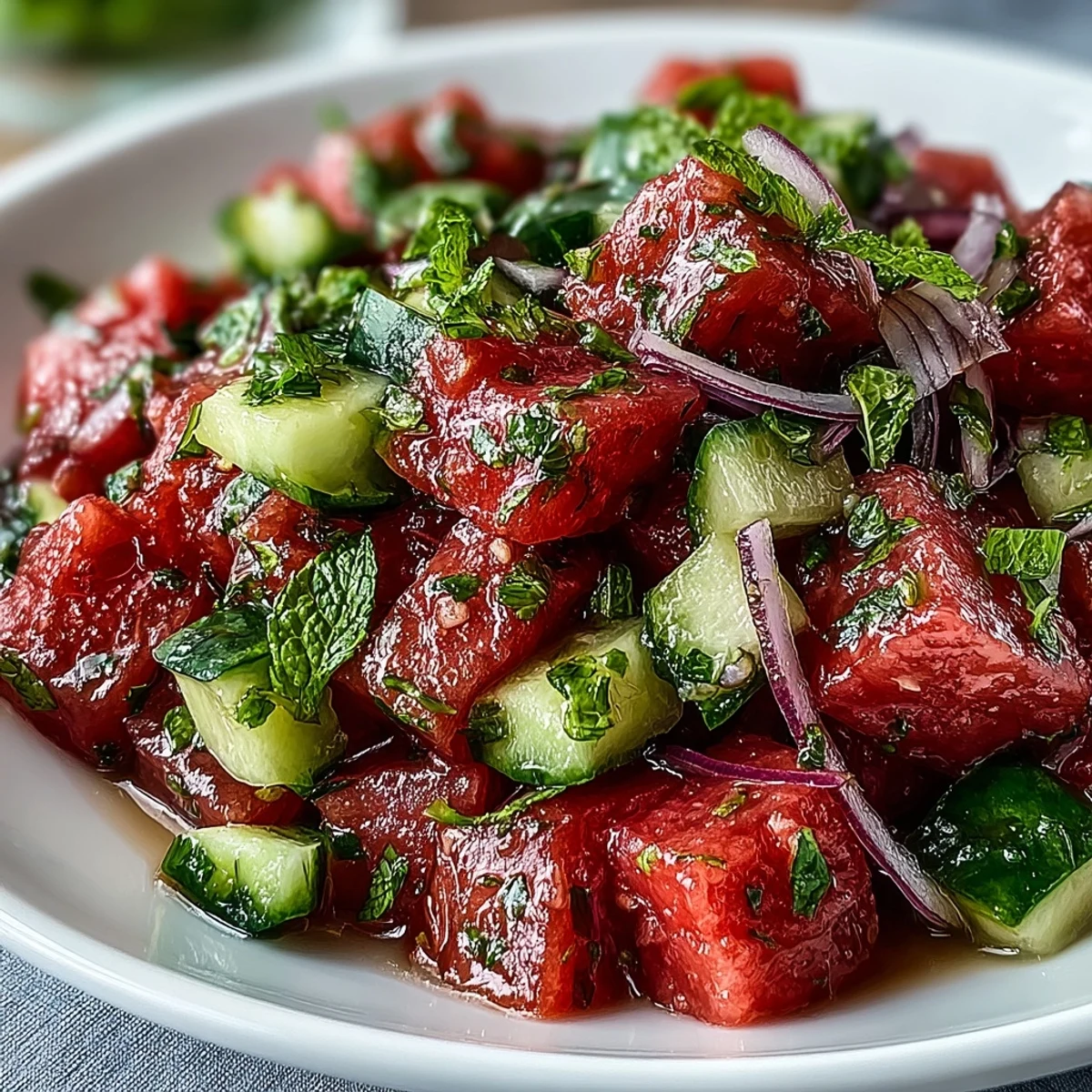 Summer Watermelon Cucumber Mint Salad served chilled in a glass bowl garnished with fresh mint leaves and lime wedges.